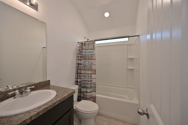 full bathroom with vanity, tile patterned floors, vaulted ceiling, toilet, and shower / tub combo