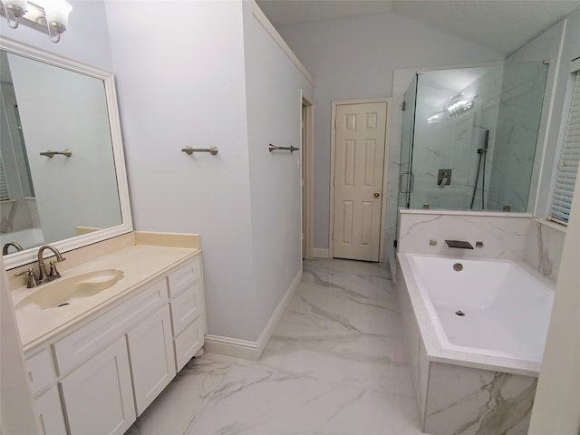 bathroom featuring vanity, separate shower and tub, and lofted ceiling