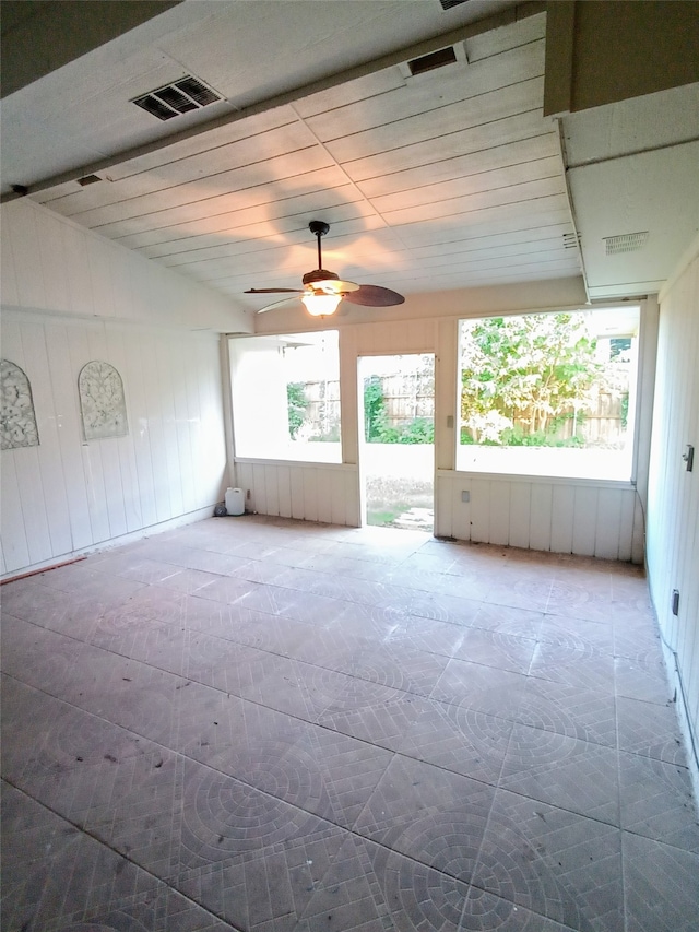 unfurnished room featuring ceiling fan, wood walls, wood ceiling, and lofted ceiling