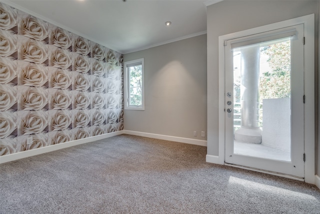 carpeted empty room with ornamental molding