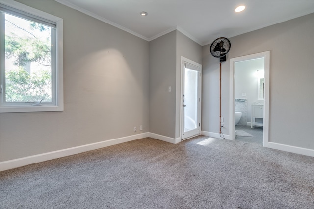 unfurnished room featuring carpet flooring and ornamental molding