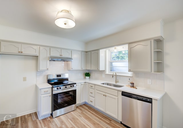 kitchen with backsplash, white cabinetry, sink, and appliances with stainless steel finishes