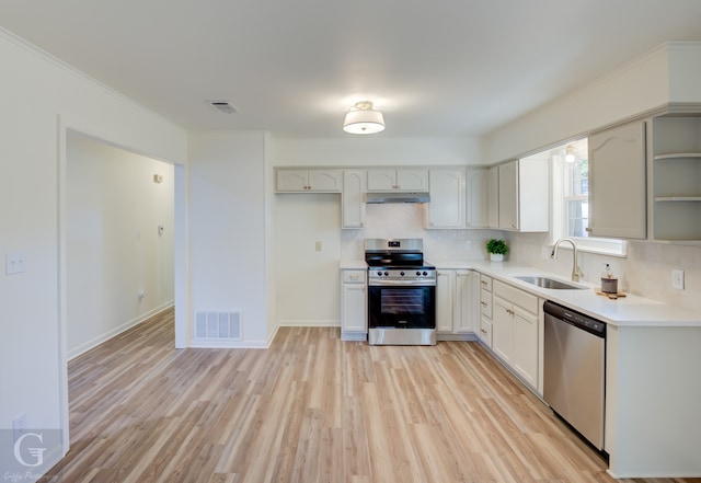 kitchen featuring backsplash, white cabinets, sink, light wood-type flooring, and appliances with stainless steel finishes