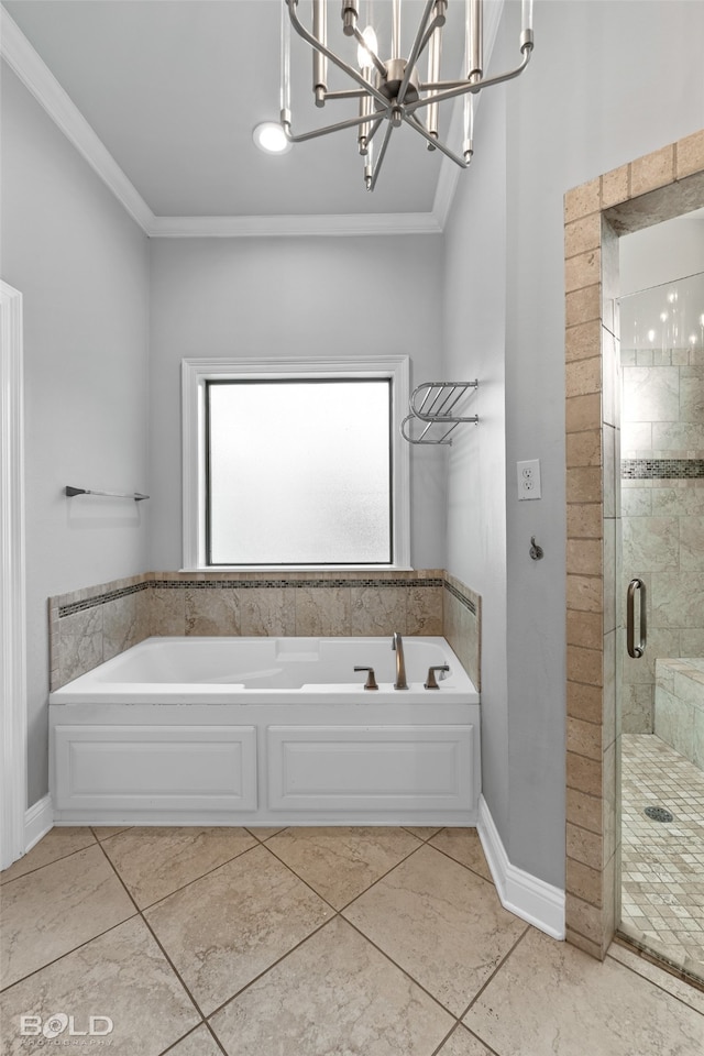 bathroom with tile patterned floors, separate shower and tub, and ornamental molding