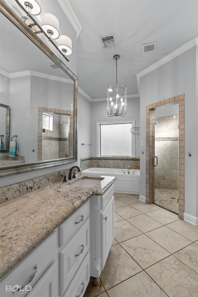 bathroom featuring vanity, crown molding, plenty of natural light, and plus walk in shower