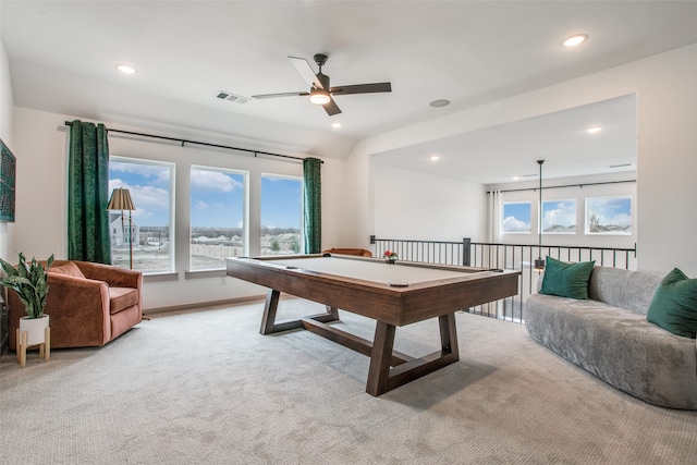 playroom with light carpet, ceiling fan, and billiards