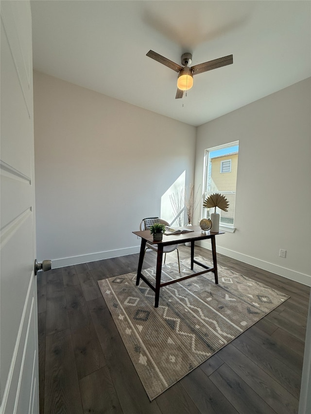 office featuring ceiling fan and dark hardwood / wood-style flooring