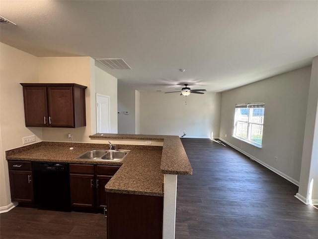 kitchen featuring dishwasher, sink, ceiling fan, dark hardwood / wood-style flooring, and kitchen peninsula