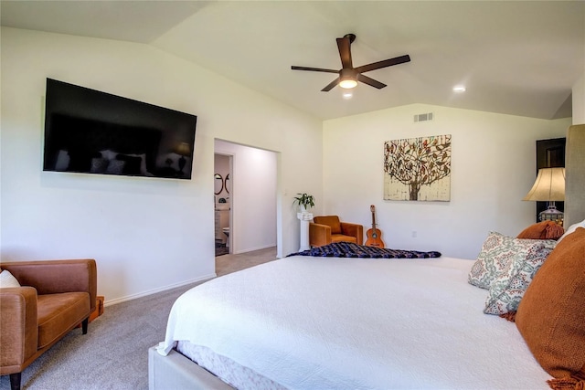 carpeted bedroom featuring ceiling fan and vaulted ceiling