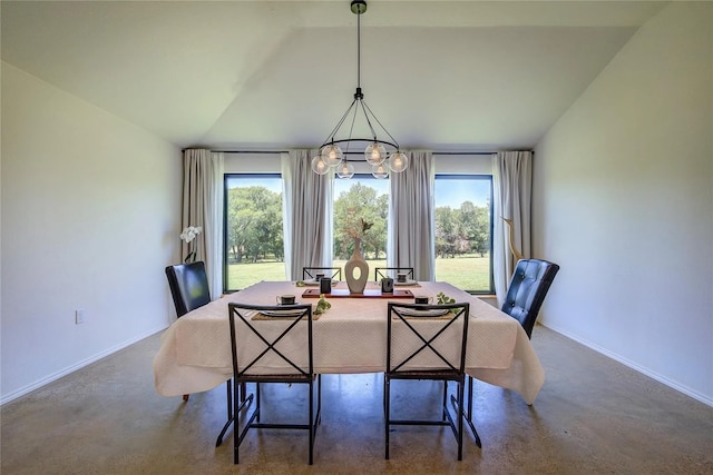 dining area with carpet flooring, vaulted ceiling, and a notable chandelier