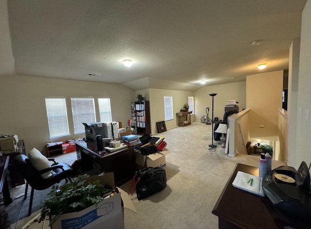 office featuring a textured ceiling, light colored carpet, and vaulted ceiling