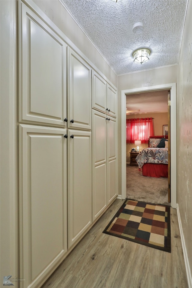 corridor featuring crown molding, light hardwood / wood-style floors, and a textured ceiling