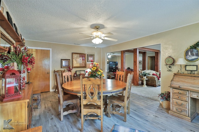 dining room with a textured ceiling, light hardwood / wood-style floors, and ceiling fan