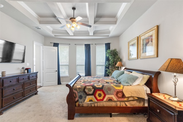 bedroom with coffered ceiling, crown molding, light carpet, ceiling fan, and beam ceiling