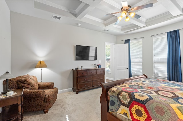 bedroom featuring beamed ceiling, coffered ceiling, ceiling fan, crown molding, and light carpet