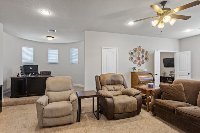 804 Colby Dr, Mansfield, TX 76063 - living room with light carpet, an office area, and ceiling fan