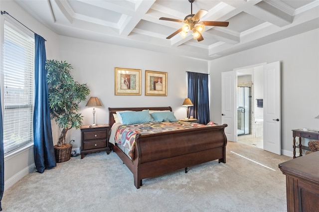 carpeted bedroom featuring beamed ceiling, connected bathroom, coffered ceiling, and multiple windows