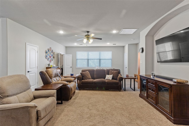 804 Colby Dr, Mansfield, TX 76063 - living area featuring light colored carpet, ceiling fan, and recessed lighting
