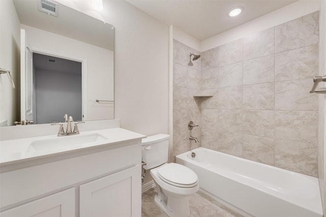 full bath with washtub / shower combination, visible vents, vanity, and toilet