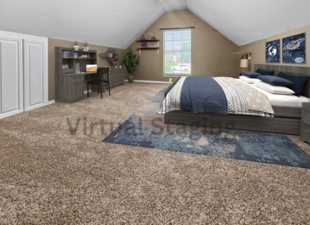 bedroom with carpet floors and lofted ceiling