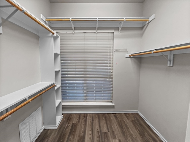 spacious closet with dark hardwood / wood-style flooring