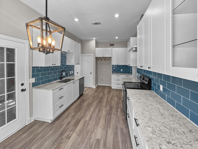 kitchen featuring white cabinets, dark hardwood / wood-style flooring, sink, and black electric range