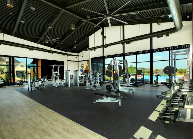 gym featuring wood-type flooring and high vaulted ceiling