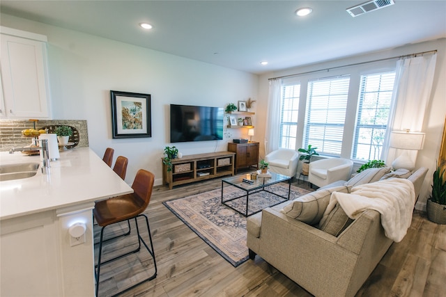 living room featuring hardwood / wood-style flooring and sink