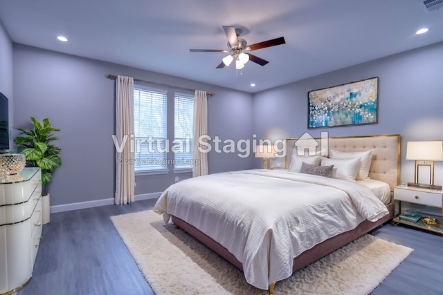 bedroom with recessed lighting, ceiling fan, baseboards, and wood finished floors