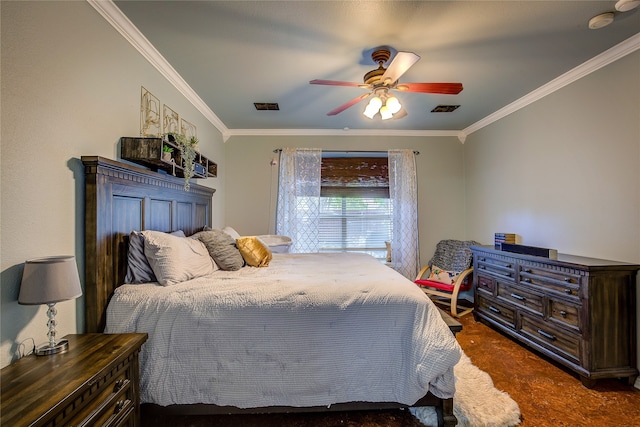 bedroom featuring ceiling fan and crown molding