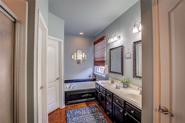 bathroom featuring shower with separate bathtub and vanity