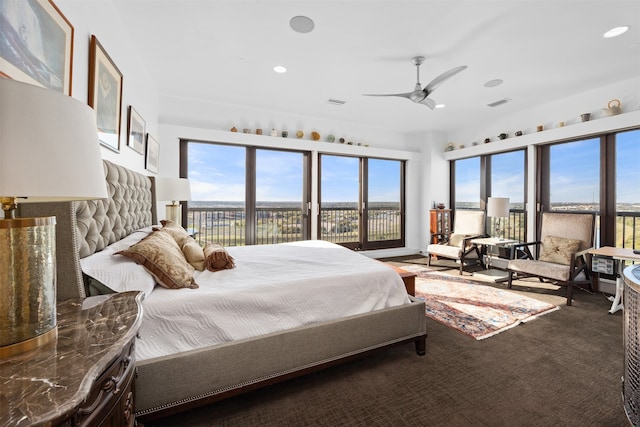 carpeted bedroom with access to outside and ceiling fan