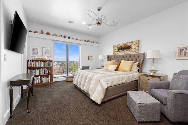 carpeted bedroom with a notable chandelier