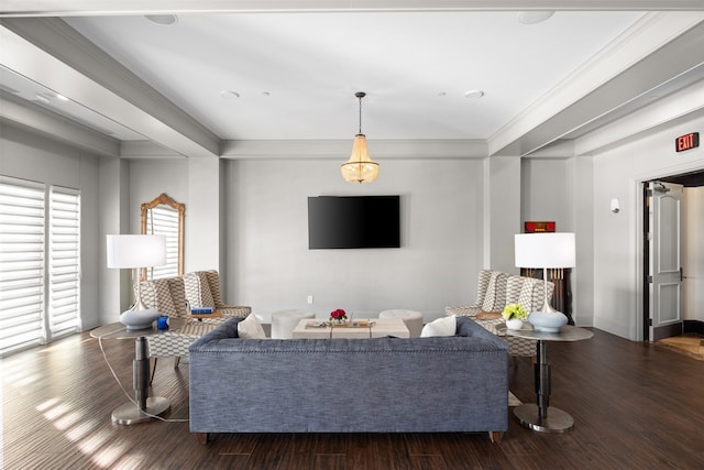 living room featuring dark wood-type flooring and ornamental molding