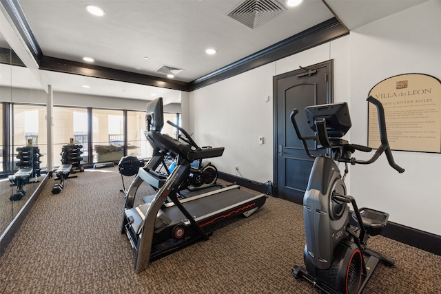 workout area with carpet and crown molding