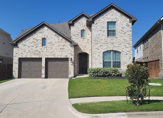 french country style house featuring a garage and a front lawn