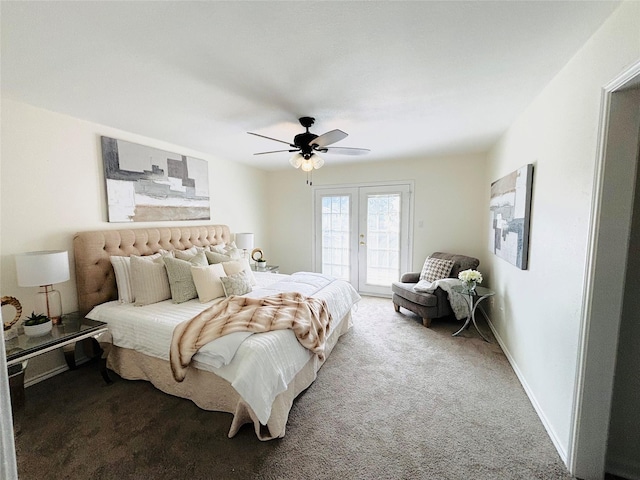 carpeted bedroom featuring access to exterior, french doors, and ceiling fan