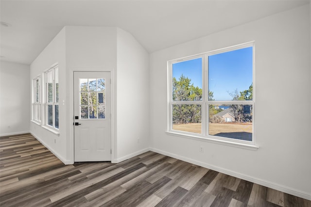 foyer with dark wood-type flooring and vaulted ceiling