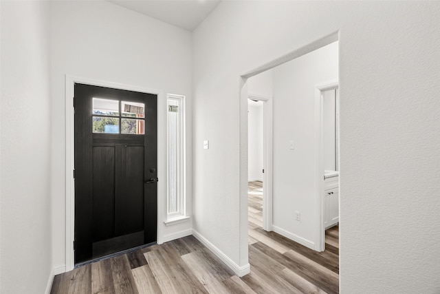 foyer entrance with light hardwood / wood-style flooring