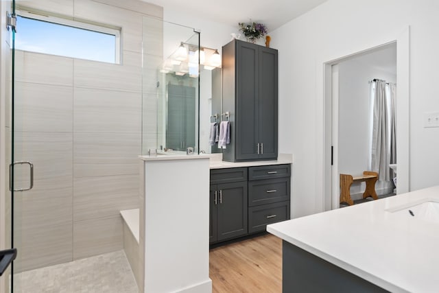 bathroom featuring hardwood / wood-style flooring, vanity, and a shower with shower door