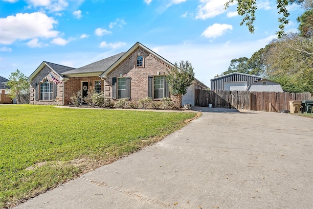 view of front of property with a front yard and a garage