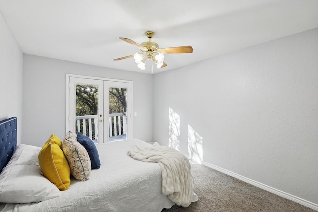 bedroom featuring carpet flooring, access to exterior, ceiling fan, and french doors