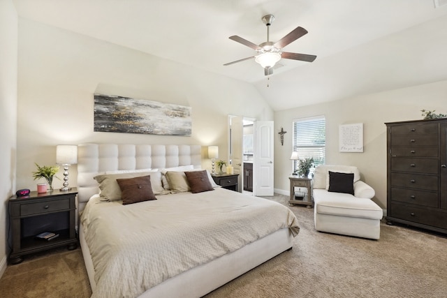 bedroom featuring carpet, ceiling fan, and lofted ceiling