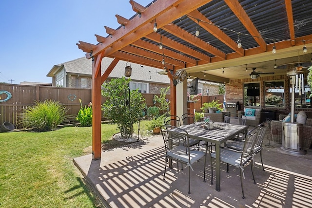 view of patio featuring a pergola, an outdoor hangout area, and ceiling fan