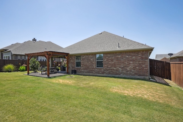 rear view of house with a pergola, a patio, central AC unit, and a lawn