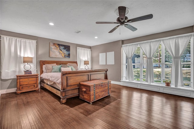 bedroom featuring visible vents, recessed lighting, baseboards, and hardwood / wood-style flooring