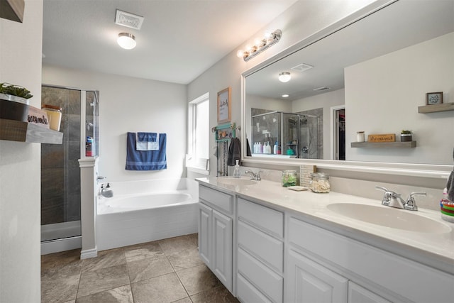 bathroom with plus walk in shower and vanity