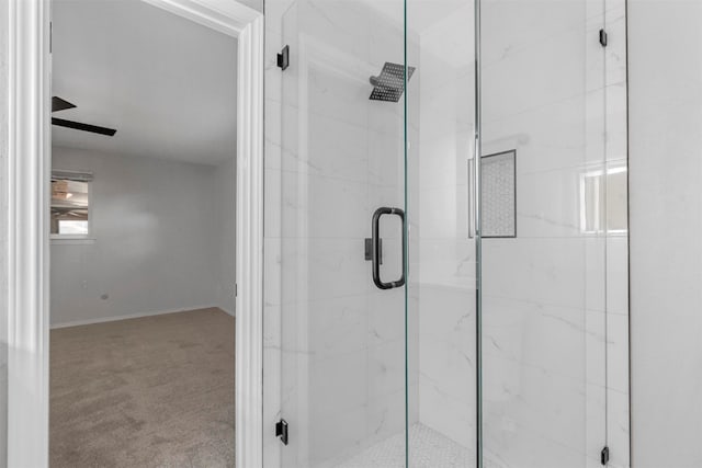 bathroom with a shower with shower door