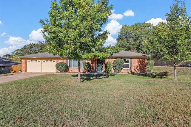 ranch-style house with a garage and a front yard