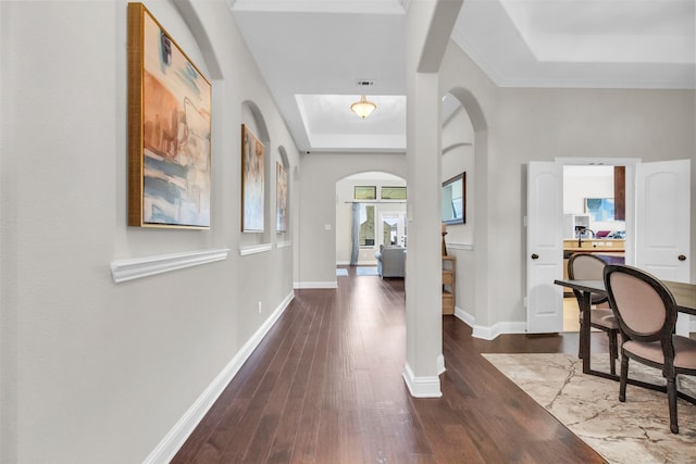 entryway featuring dark wood-type flooring and a tray ceiling